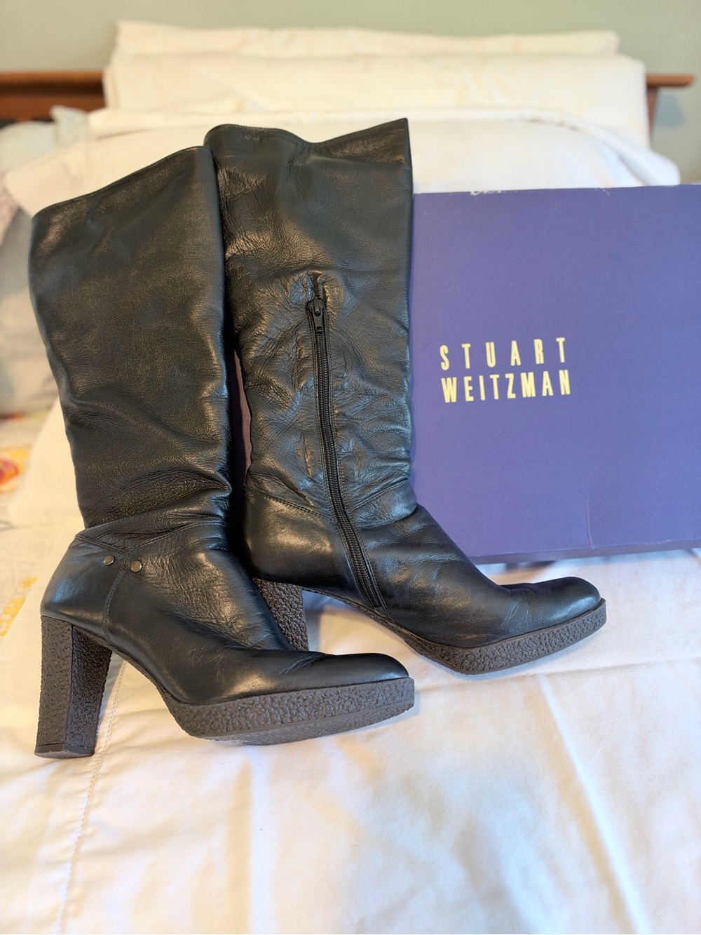 Stuart Weitzman Americas Black Leather Knee High Platform Zip Block Heel 9M